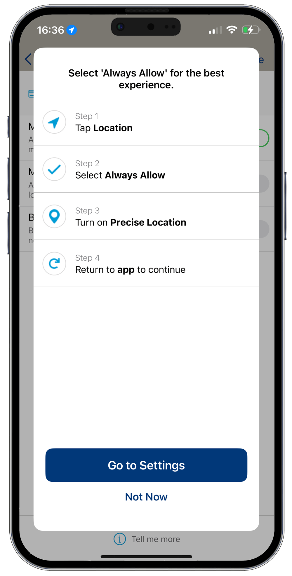 iOS location settings popup